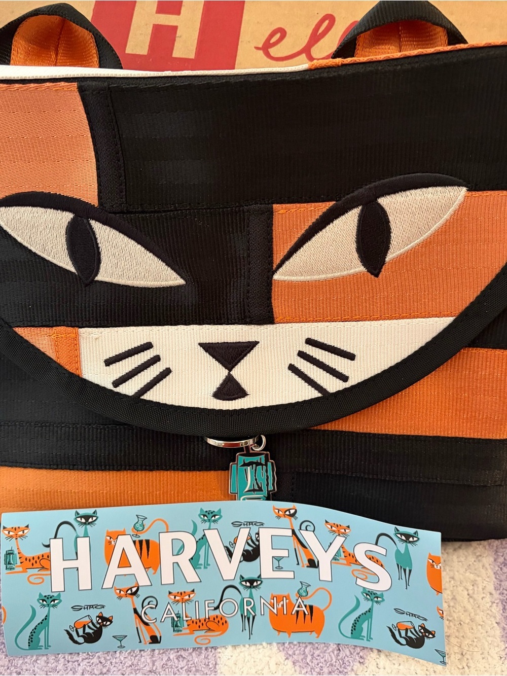 Harveys Shag Orange and Black Calico Cat Face Seatbelt Bag